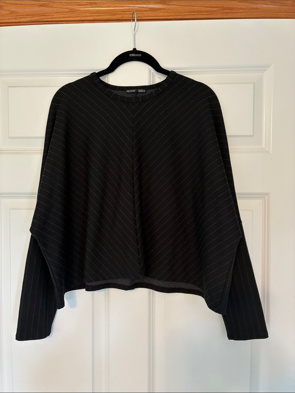 Zara Black Crewneck Sweater with Thin White Pinstripes